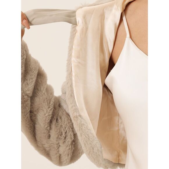 Faux Fur Bolero Shrug Crop Jacket Evening Bow Tie Front Fluffy Coat Khaki - Picture 5 of 5